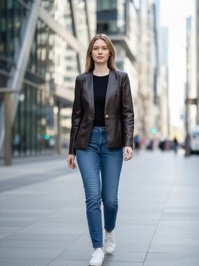 Elie Tahari Brown Faux Leather Single-Button Blazer